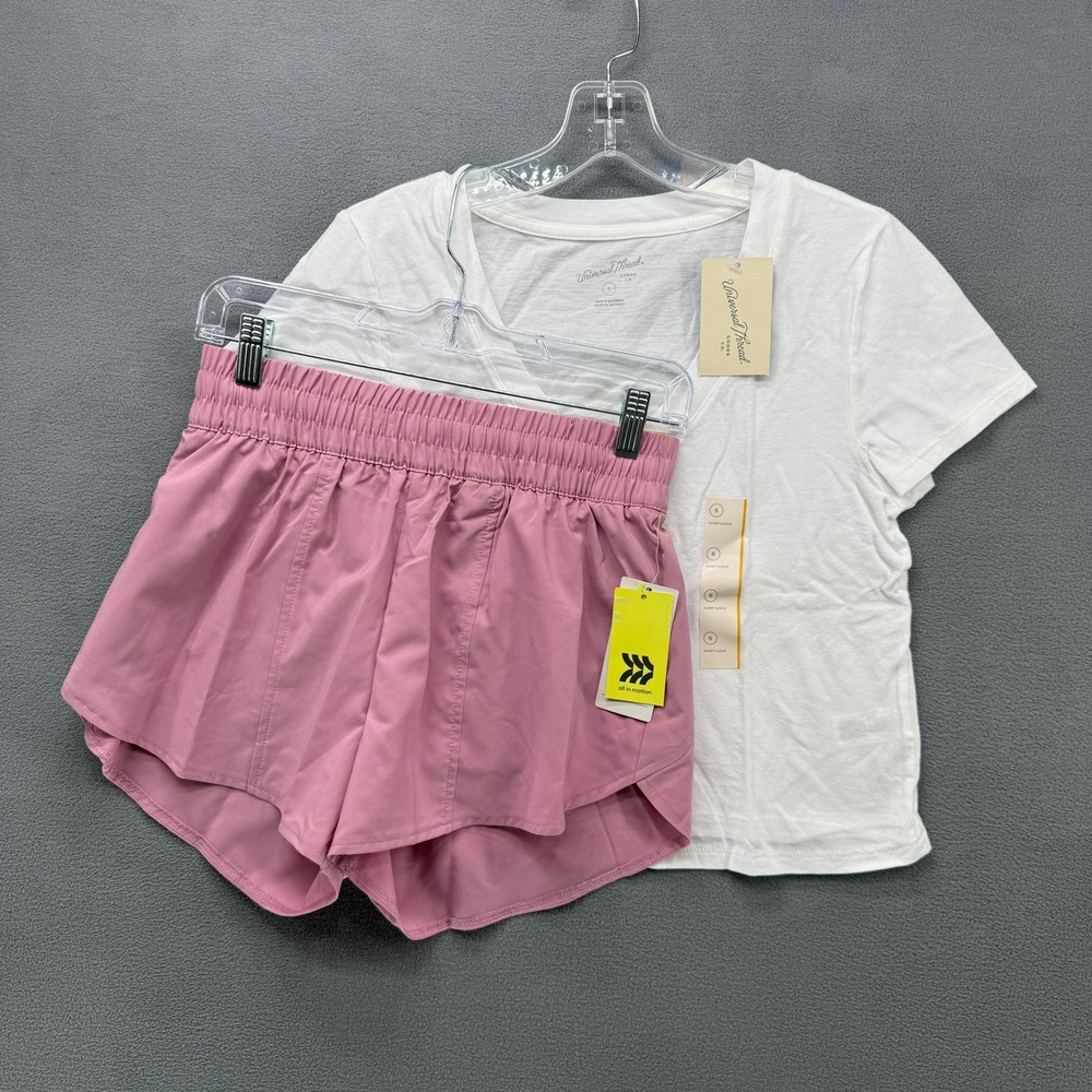 New Universal Thread White V-Neck Tee & All in Motion Pink Running Shorts Set S